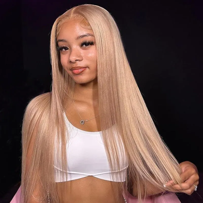 Megalook 13x4 lace frontal milk tea brown straight wig with transparent lace and pre-plucked hairline