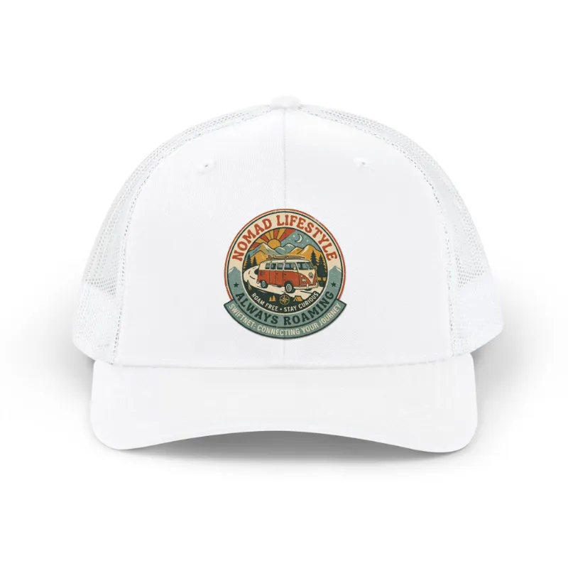 SwiftNetllc Nomad Lifestyle Trucker Cap with Always Roaming vintage van badge patch, structured mesh-back snapback