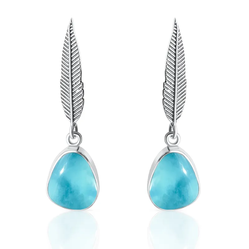DORSYA Atlantic Turquoise Feather Drop Silver Earring with teardrop stone and silver feather dangles