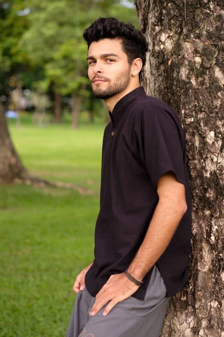 Hippie Pants Black Serenity Shirt, black cotton shirt with mandarin collar and side slits