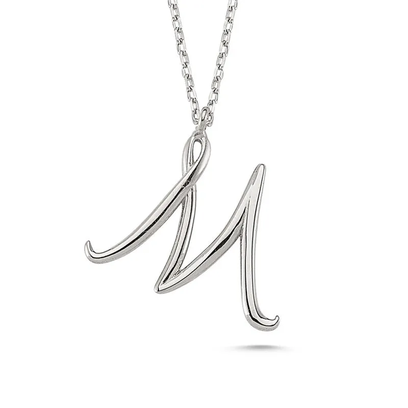 Amorium Jewelry M Letter Mini Initial Silver Necklace, dainty flat letter pendant on silver chain