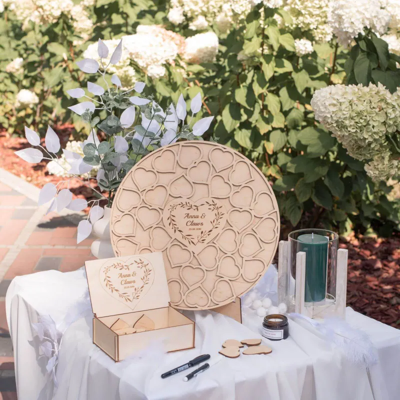 Enjoy The Wood Alternative Wedding Guest Book Circle with heart-shaped signature pieces