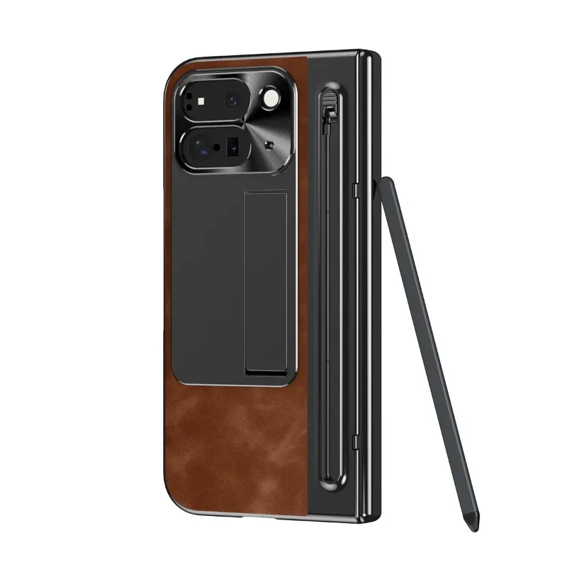 The Pixel Case Leather Case With Pen For Pixel 10 Pro Fold showing stylus holder and kickstand
