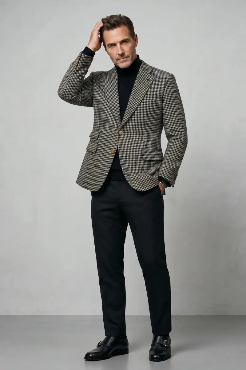 Wehilion Men's Black And White Houndstooth Tweed 2-Piece Suit, blazer and trousers shown in houndstooth tweed