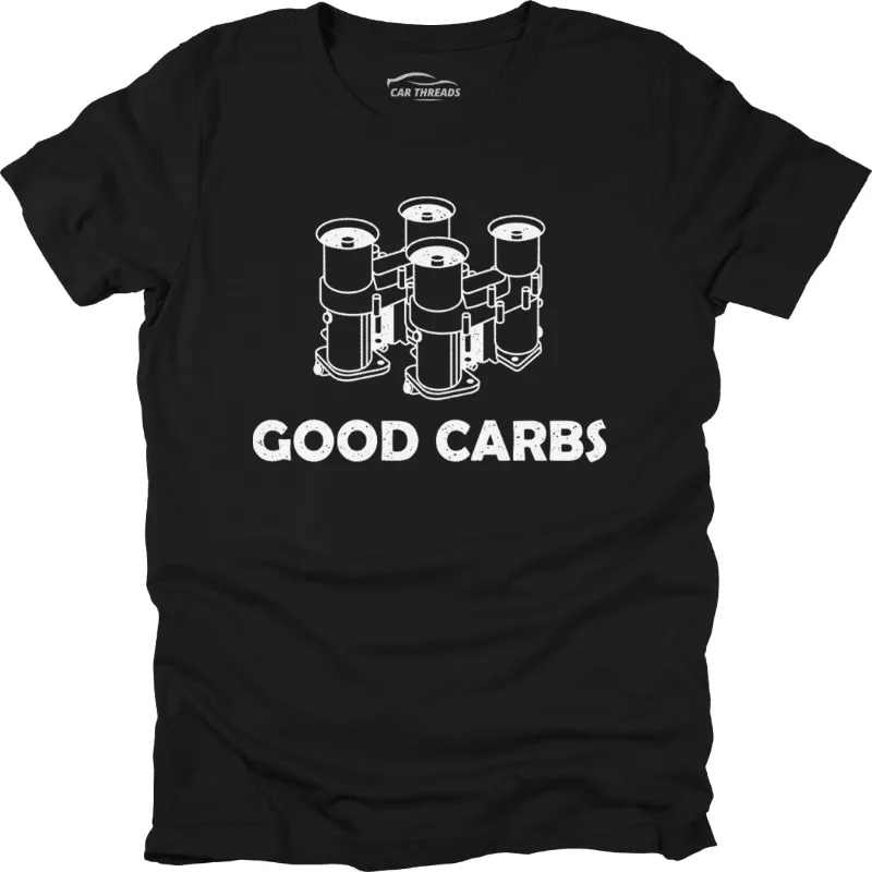 Car Threads Good Carbs T-shirt photographed on a plain background