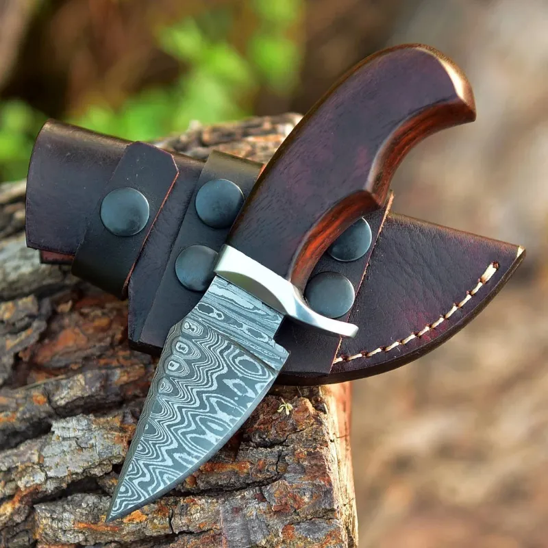 MyHackerTech custom handmade Damascus steel EDC skinning knife with rosewood handle and leather sheath