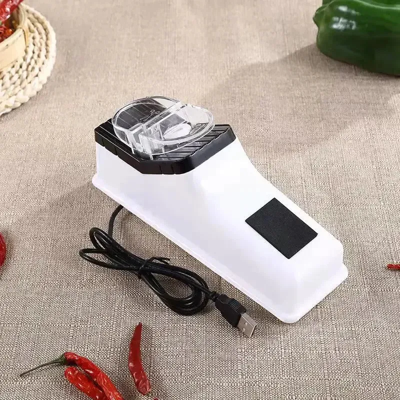 Kicklo Adjustable Electric Knife Sharpener in white on countertop