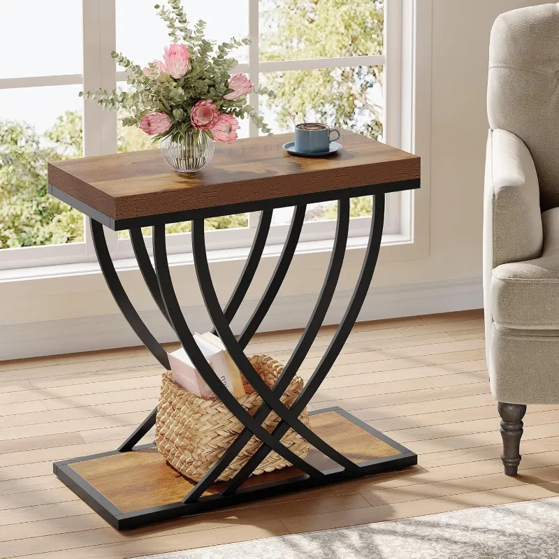 Tribesigns 2-Tier Narrow End Table with wood grain top and black metal geometric frame