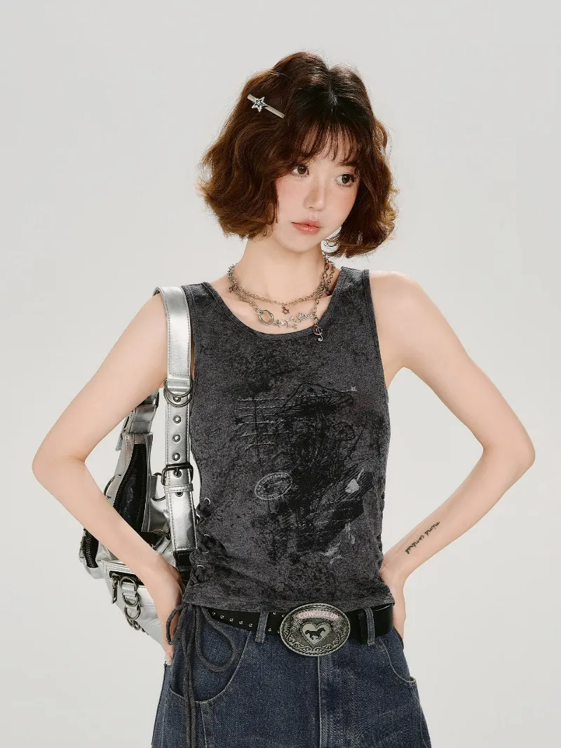 Juwas Acid Wash Side Lace-up Graphic Tank featuring the rugged side ties.