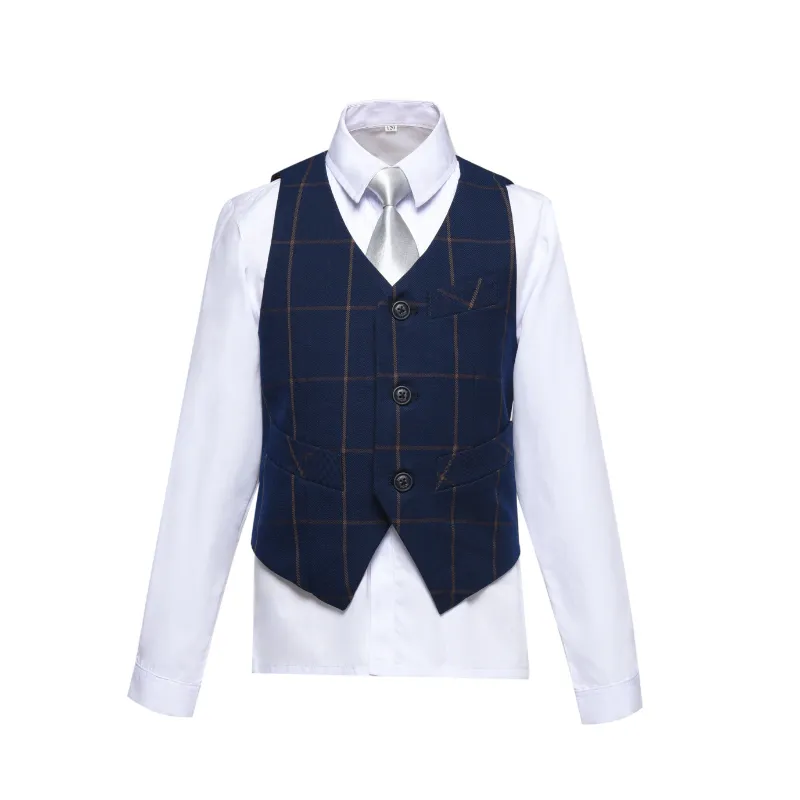 Wehilion Blue Plaid 3 Buttons Boys Girls Fully Lined Formal Suit Vest, blue plaid formal vest