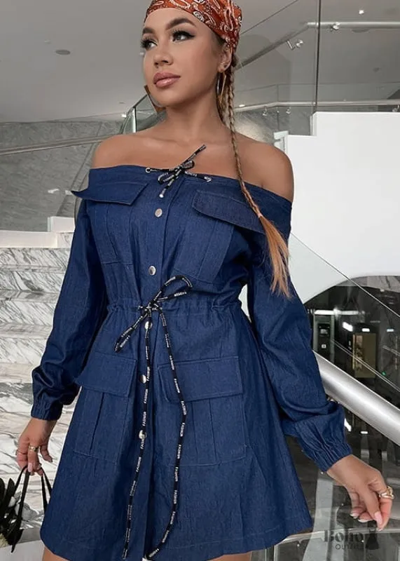 Boho Dress Blue Denim Hippie Mini Dress, short denim dress with lace trim and button details