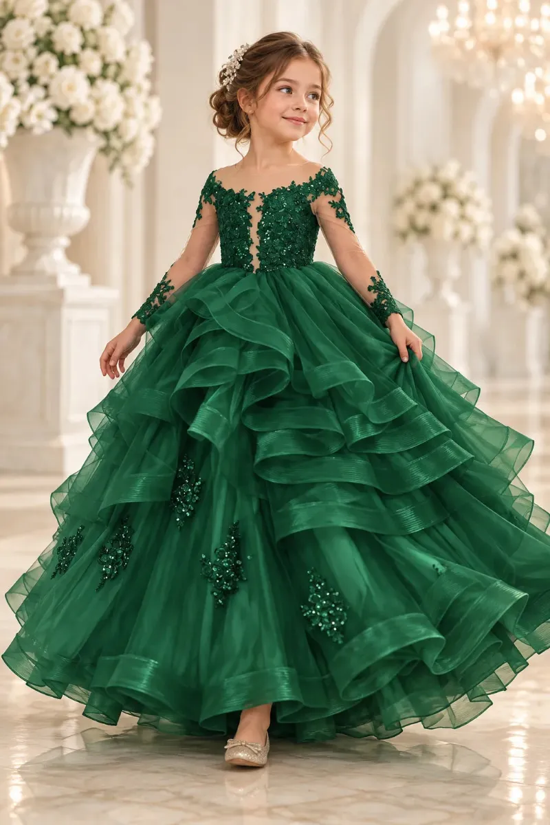 Wehilion Crystal Emerald Layered Tulle Pageant Dress, emerald green gown with lace bodice and sheer sleeves
