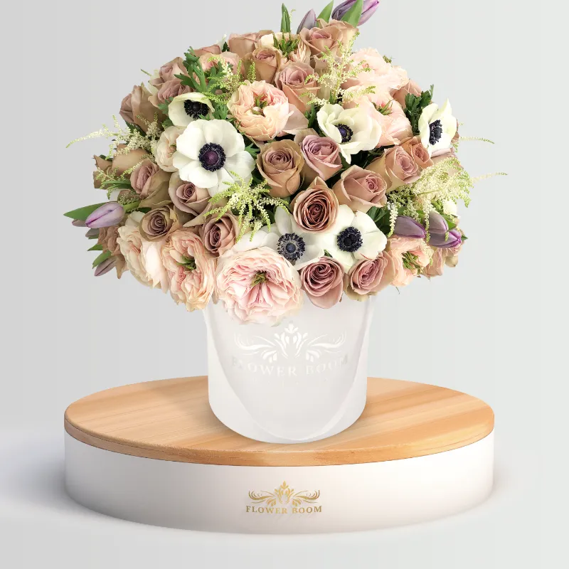 Flower Boom Dallas Aesthetic Luxe, boho arrangement with mauve, pink and cream roses, tulips and anemones