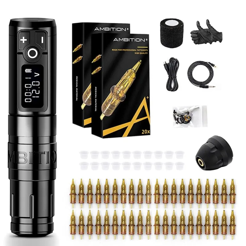 Ambition Tattoo Storm Wand Wireless Tattoo Machine kit with LED display pen and battery