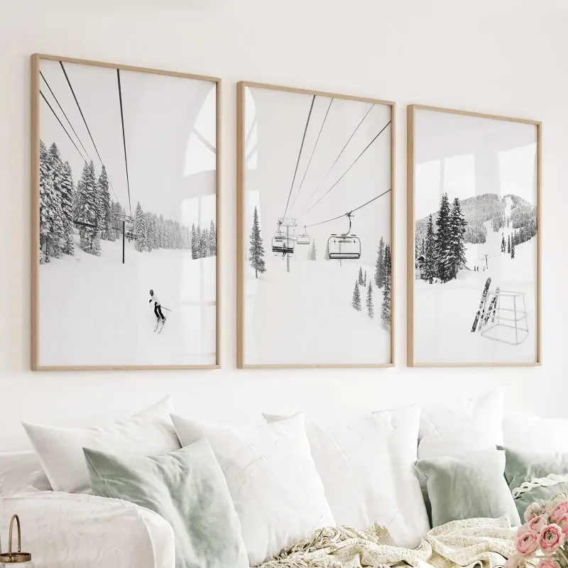 Wall Art Set 3 Piece Black White Winter Sport Ski Lodge wall art