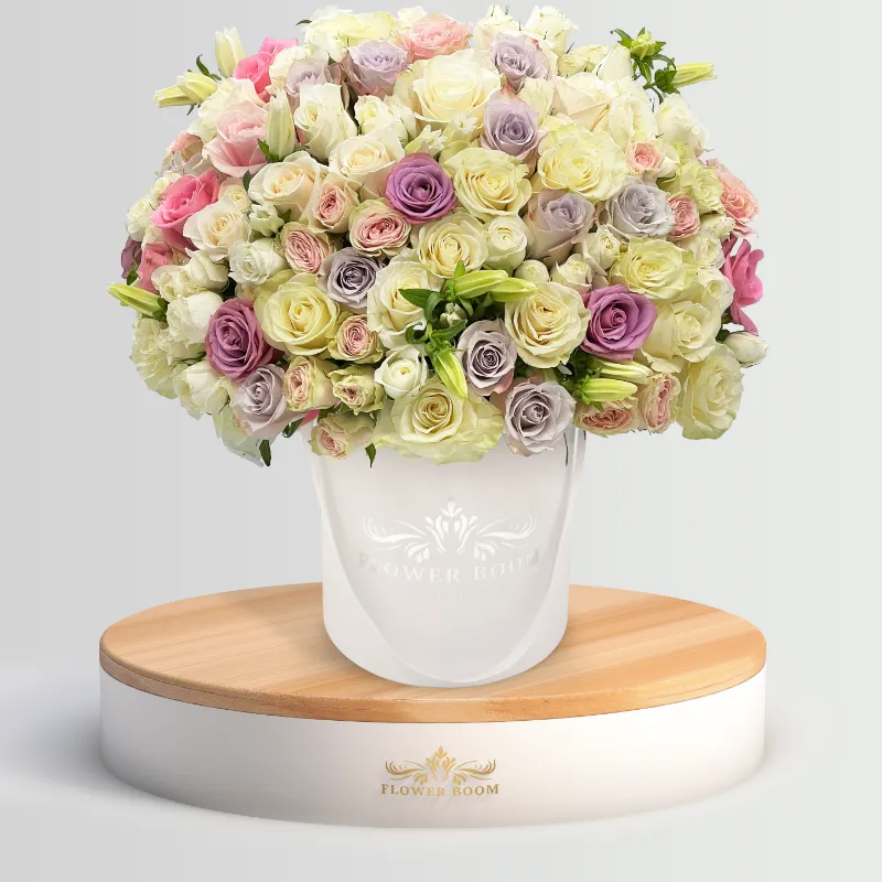 Flower Boom Dallas Be My Crepe arrangement with pastel pink and white roses and orchids