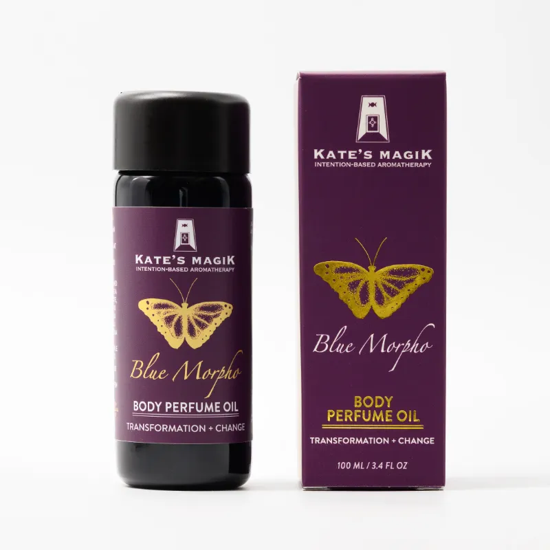 Kates Magik Blue Morpho Transformation Change Body Perfume Oil bottle with sandalwood and vanilla blend