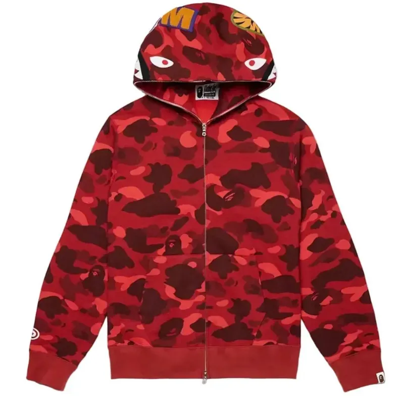 AfewVibe BAPE Color Camo Shark Full Zip Hoodie Red, red camo front graphic with shark face and zipper detail