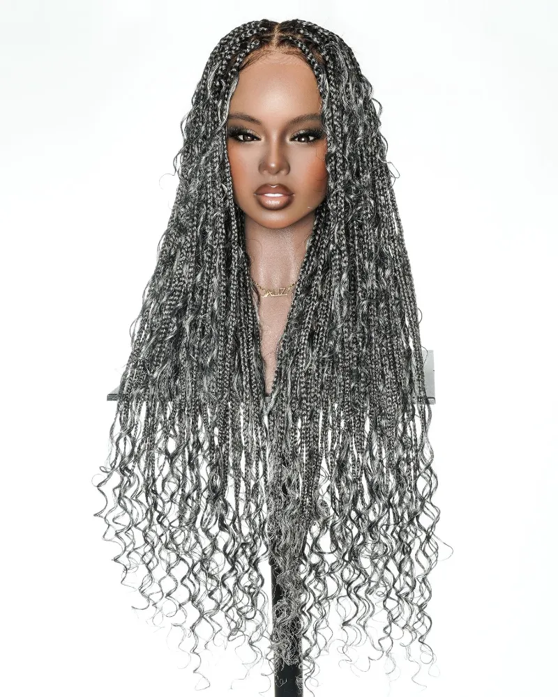 Jaliza 30 inch Salt & Pepper Knotless Boho Box Braided Wig with mixed gray and dark tones