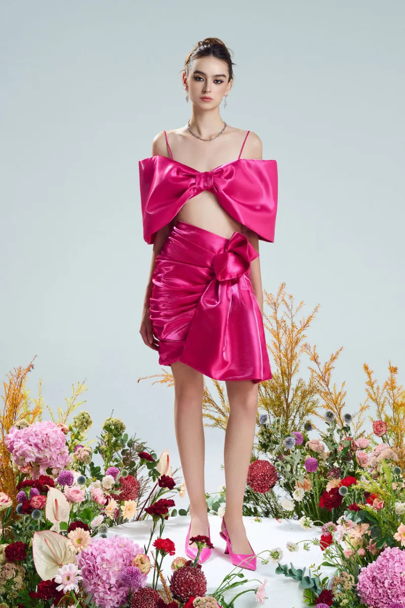 Kalisa Bow-Shaped Dress with Ruffle Trim Draped Skirt, front view