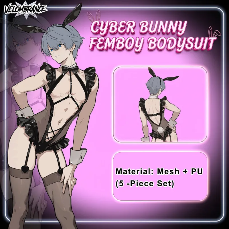Velombrance Cyber Bunny Femboy Bodysuit 5-piece set showing mesh and PU details