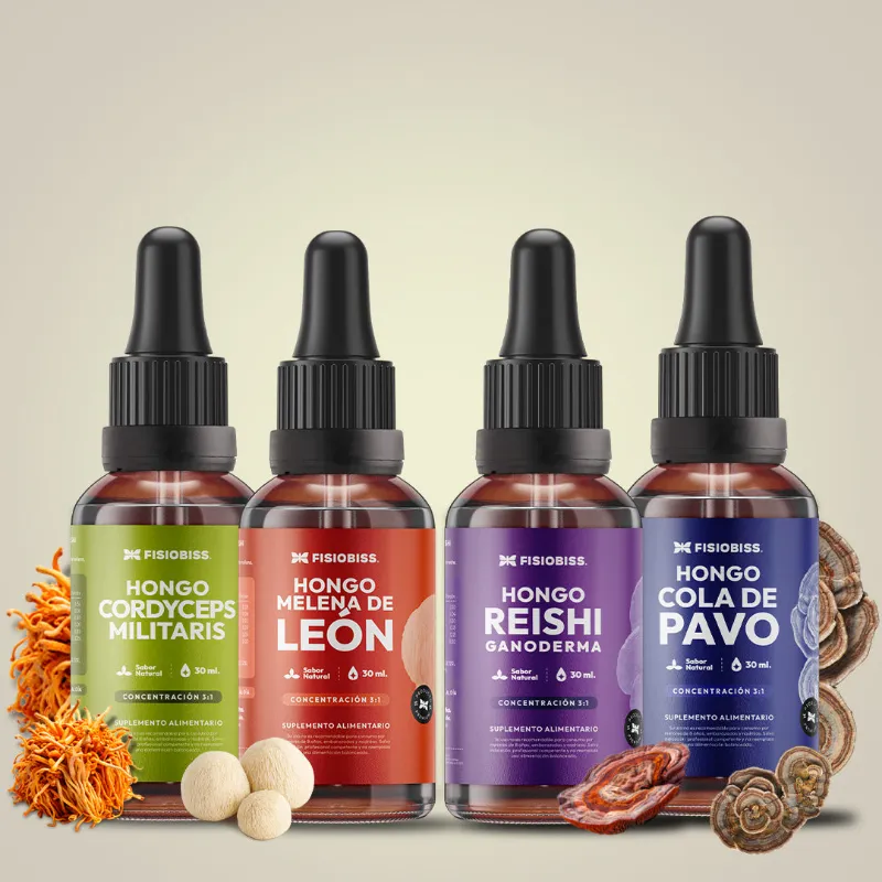Fisiobiss 4 Extractos Máximo Poder kit with four mushroom extract bottles