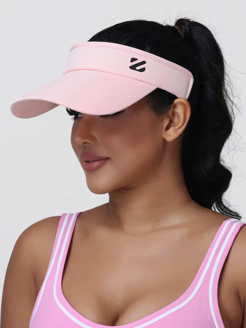 Zuluzenith Women's UPF 50+ Sports Visor Hat in black with white trim, front view showing wide visor and adjustable back strap