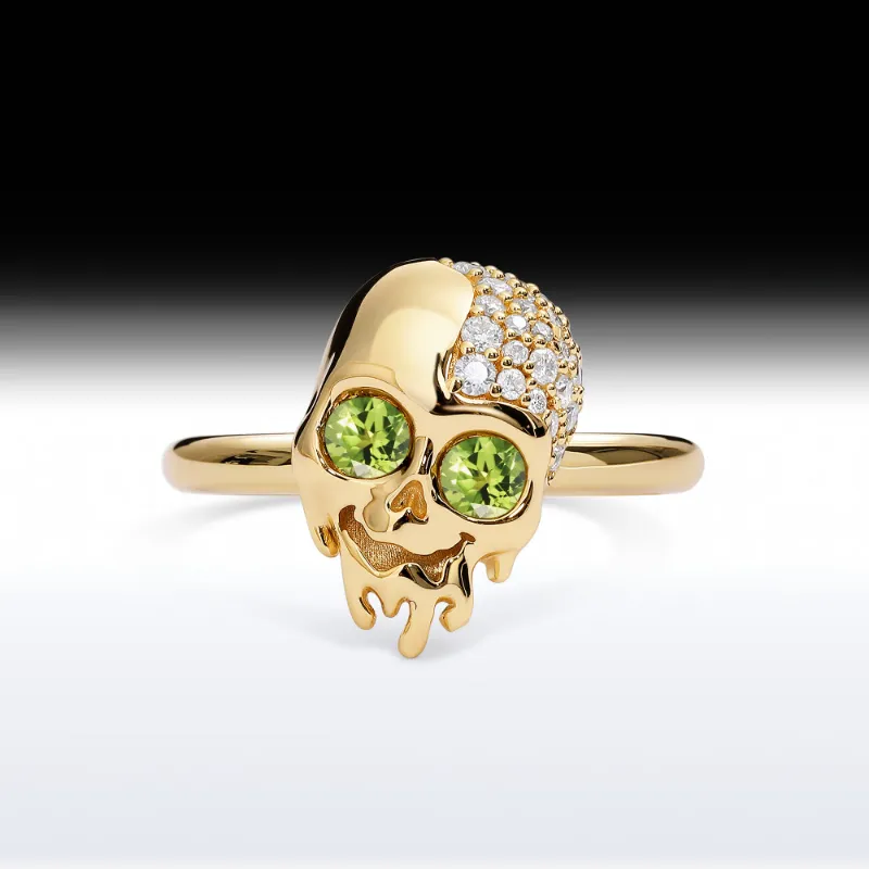 Starlandus Melting Skull Memento Mori Skull Birthstone Engagement Ring with melting skull design and customizable birthstones