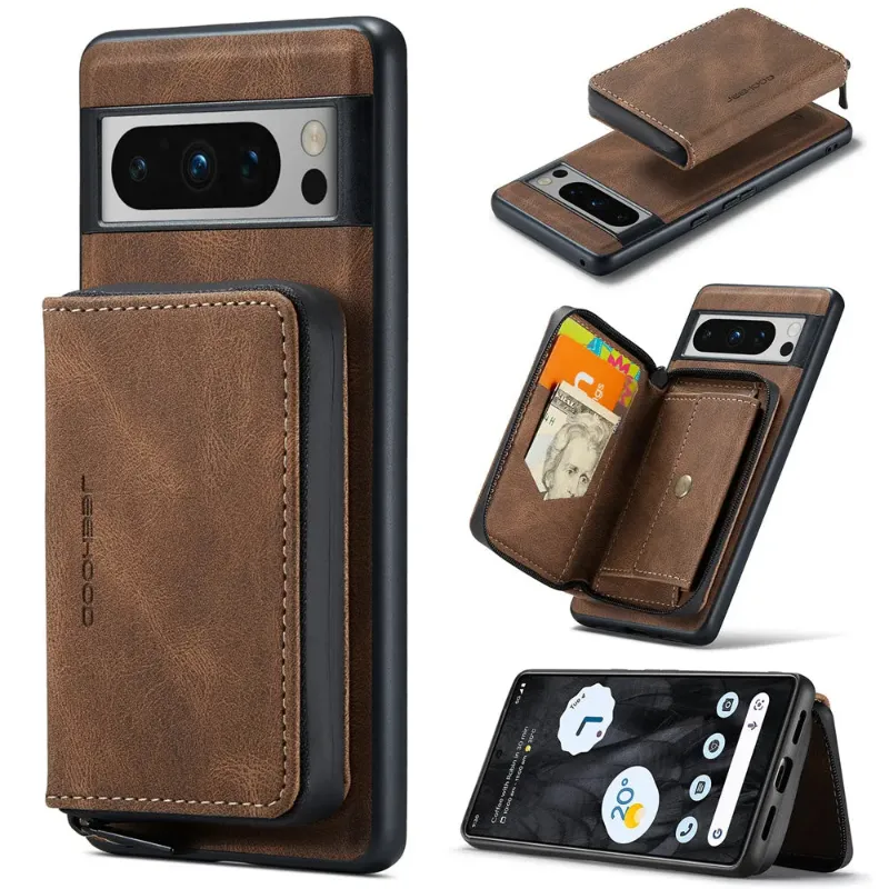 The Pixel Case Luxury Magnetic Leather Case with Detachable Wallet for Google Pixel 8 Series showing magnetic wallet attachment