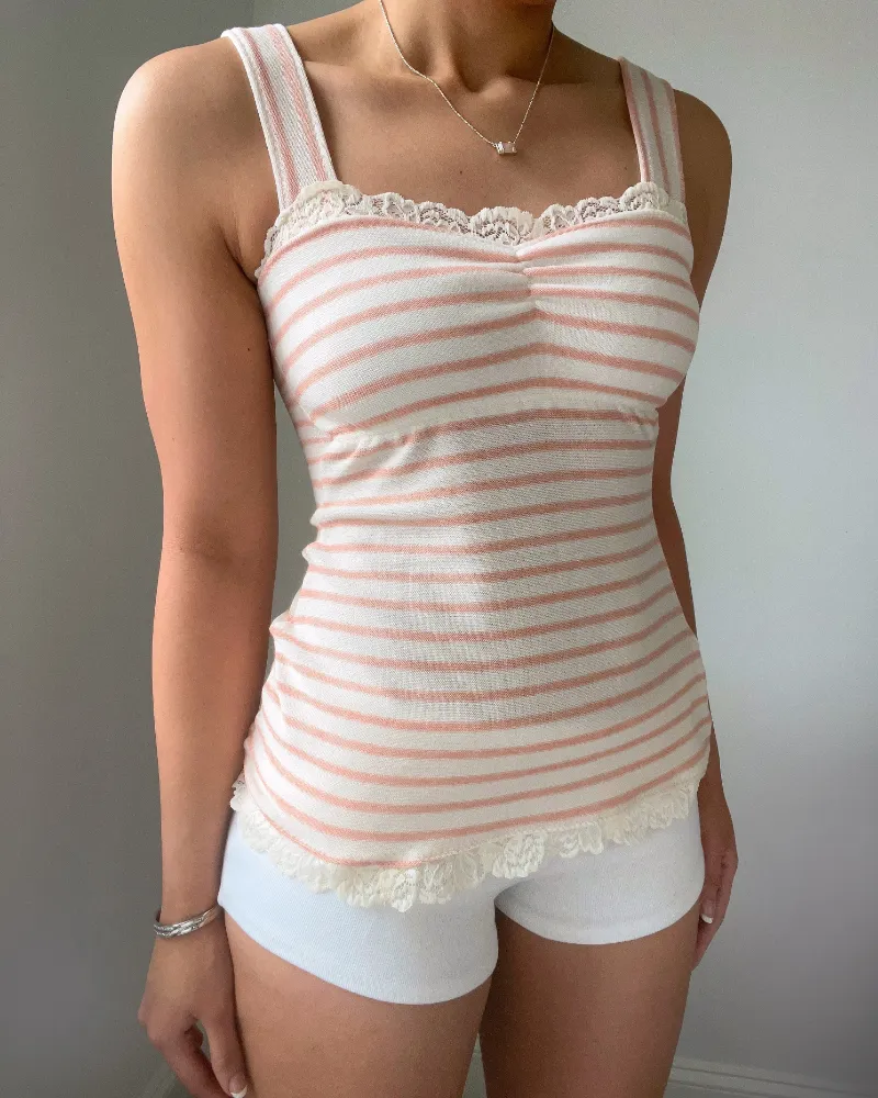 Bit By Angie Brady striped babydoll tank showing a pink and cream striped tank top with sweetheart neckline