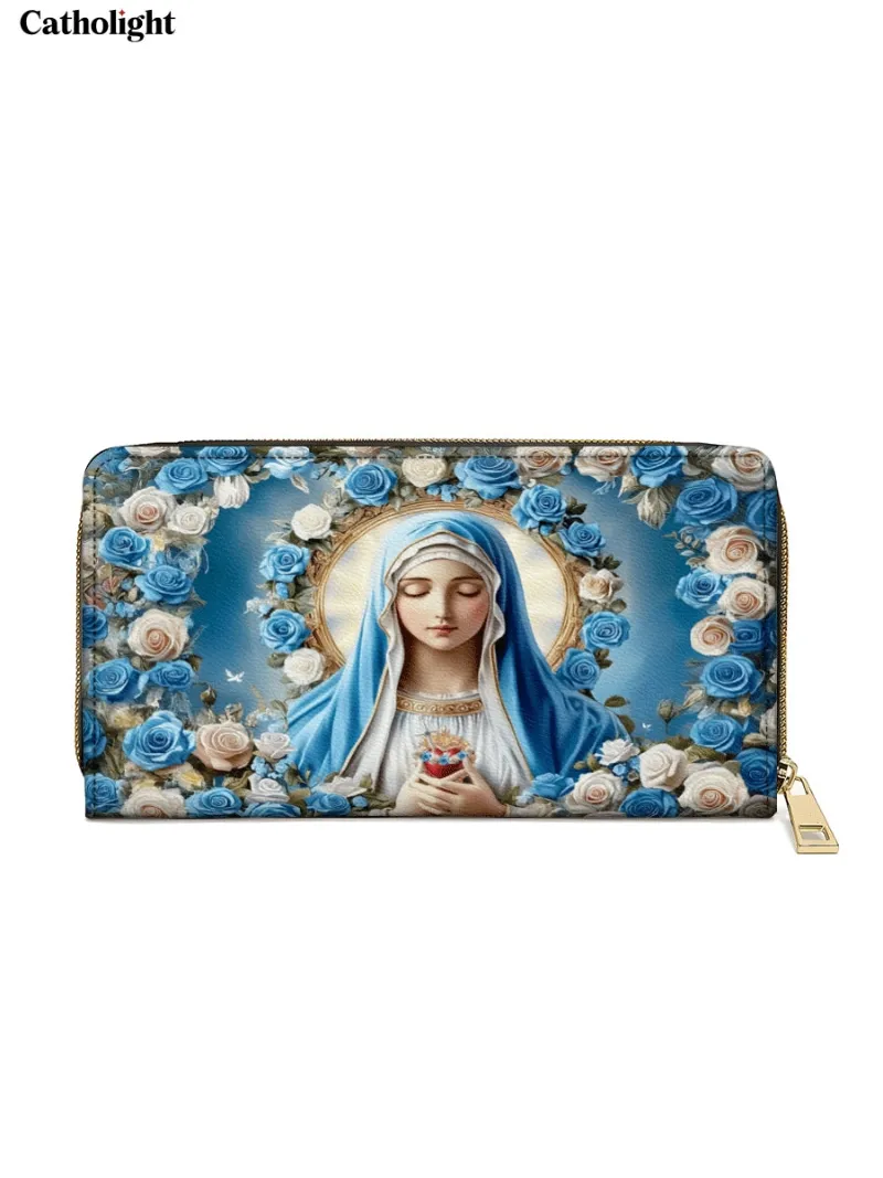 Catholight Heavenly Grace Leather Wallet Purse showing Virgin Mary with blue and white roses