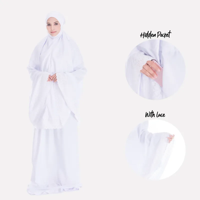 ZAAHARA Telekung Soraya - White classic Japanese cotton prayer garment