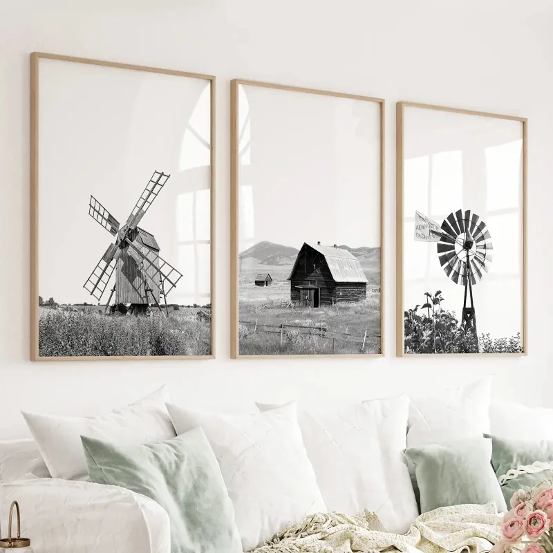 Wall Art Set Black White Set of 3 Farm Style Prints Windmill Barn Vane farm decor