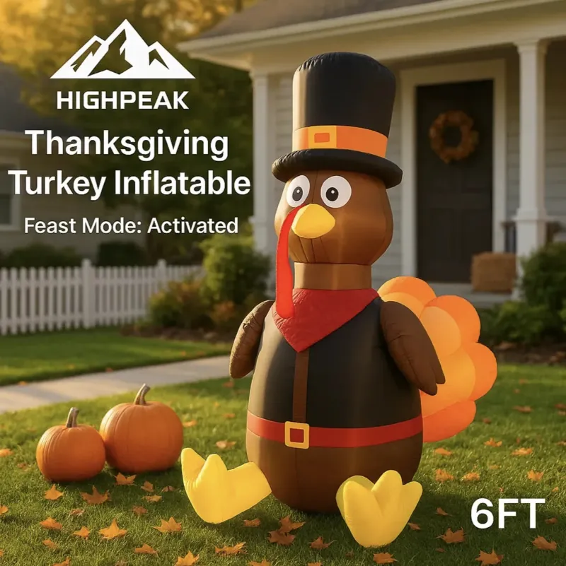 HighPeak 6FT Thanksgiving Turkey Inflatable glowing with LED lights on a lawn
