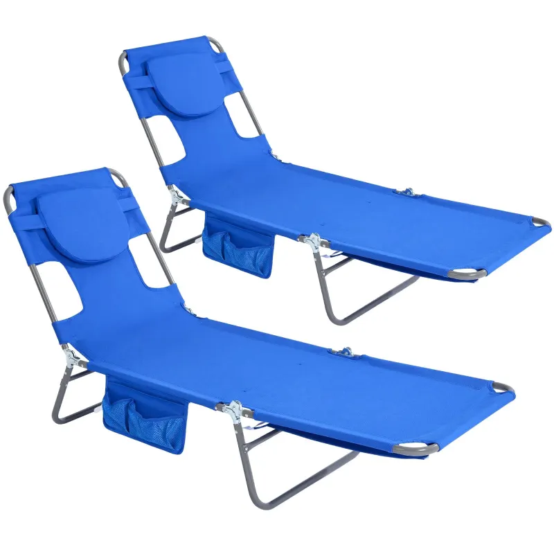 SunnyFeel Outdoor 2pk Folding Adjustable Chaise Lounge Chair in blue, shown folded with backpack straps