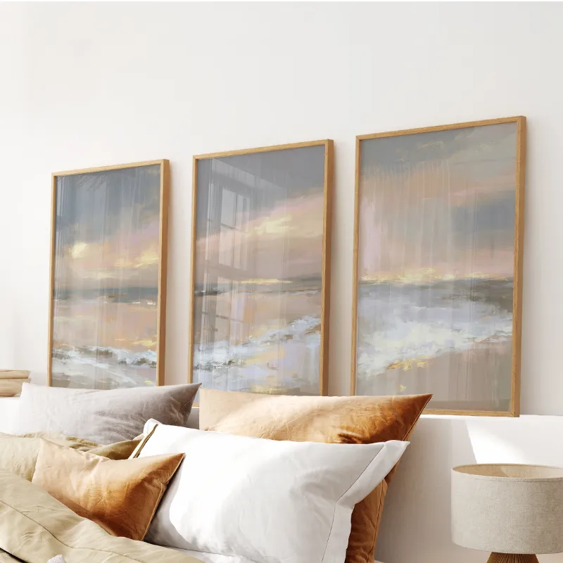 Wall Art Set Abstract Coastal Set of 3 Prints showing neutral seascape painting