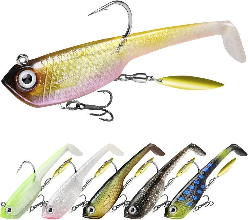 Truscend Fishing Easy Catch Pre-Rigged Soft Lures featuring spinner blade and handmade soft plastic body