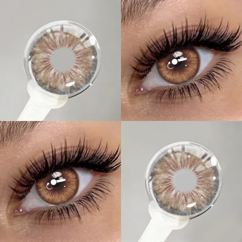 EYESFAV Dolphin Hazel 1 Year colored contact lenses with a warm hazel tint on a model's eye