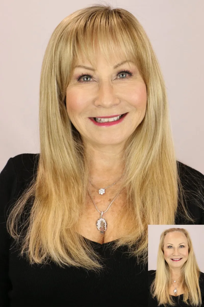 Godiva's Secret Wigs Mono Taylor Top, monofilament hair topper with pre-cut bangs shown on head