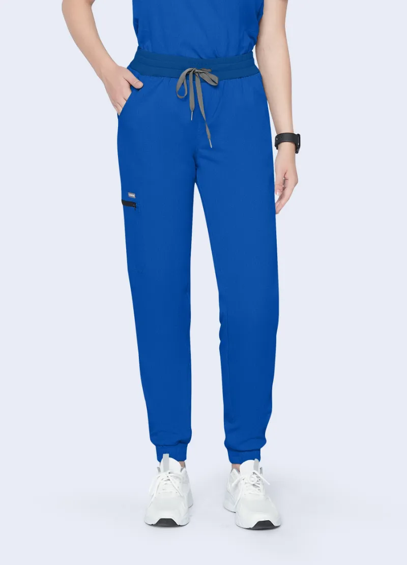 COMENII StyleFlex Jogger Scrub Pant in royal blue with elastic ankle cuffs and zippered cargo pocket