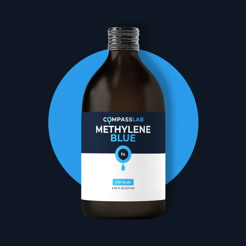 Compass Laboratory Methylene Blue 1% large glass bottle on a clean surface