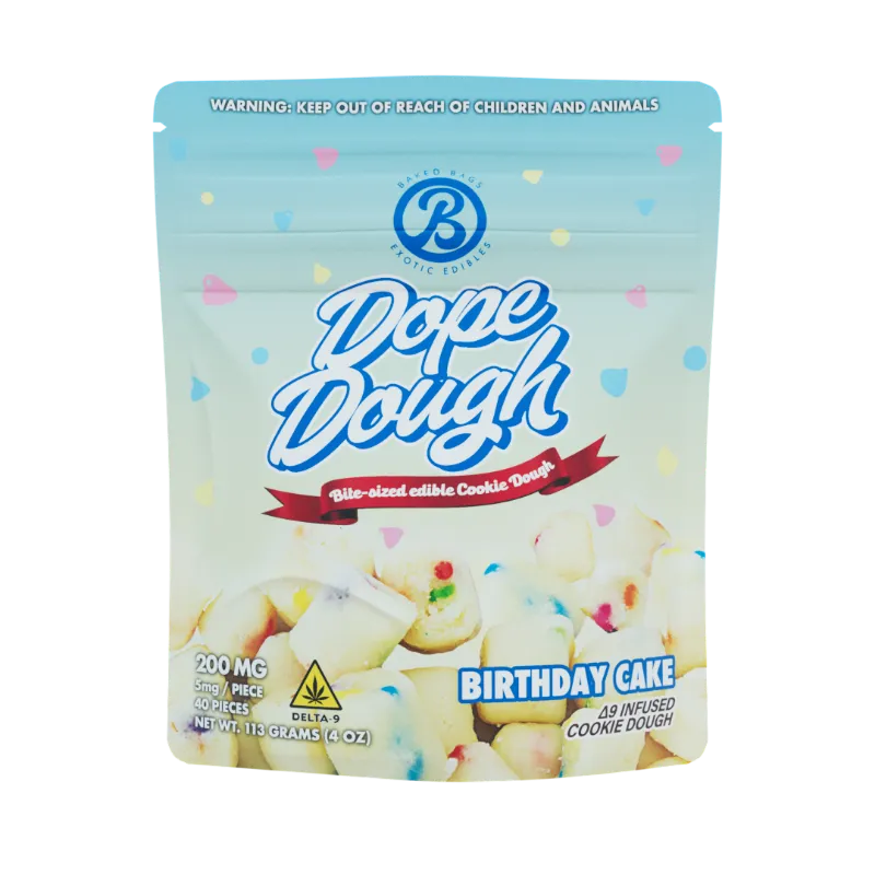 Baked Bags Dope Dough Birthday Cake flavor pouch with cookie dough bites