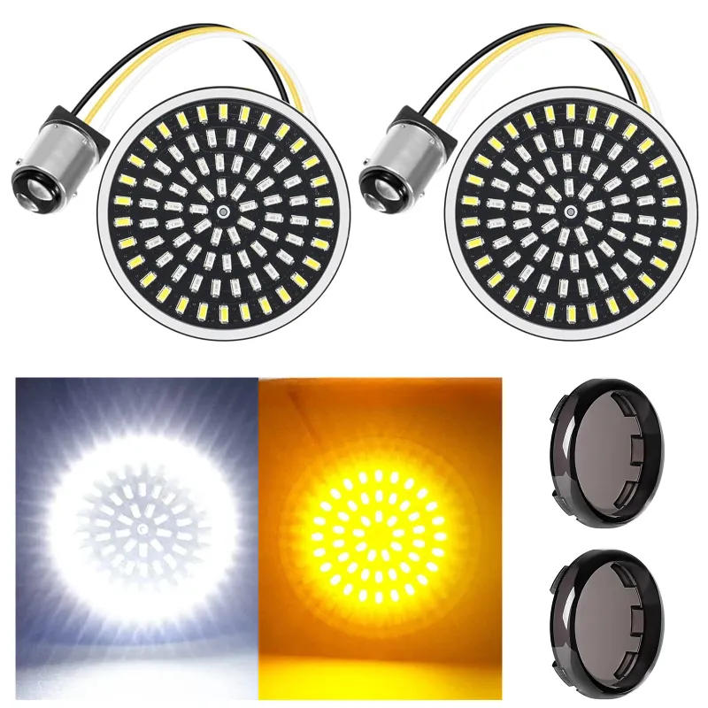 Sunpie 1157 Bullet-Style LED Front Turn Signals showing white DRL and amber turn signal light for Harley-Davidson motorcycles