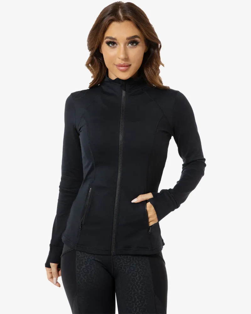 QUEENIEKE incredible turtleneck jacket 211003 in black, front view showing high neck collar and thumbholes