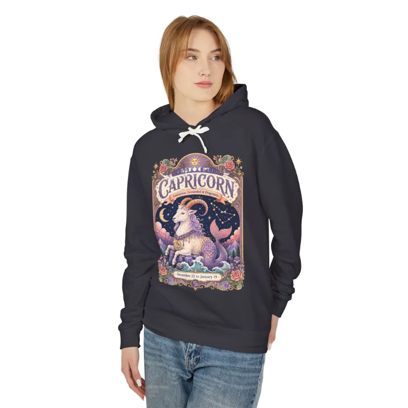 Spirit Nest Capricorn Zodiac Hooded Sweatshirt featuring enchanted sea goat celestial artwork
