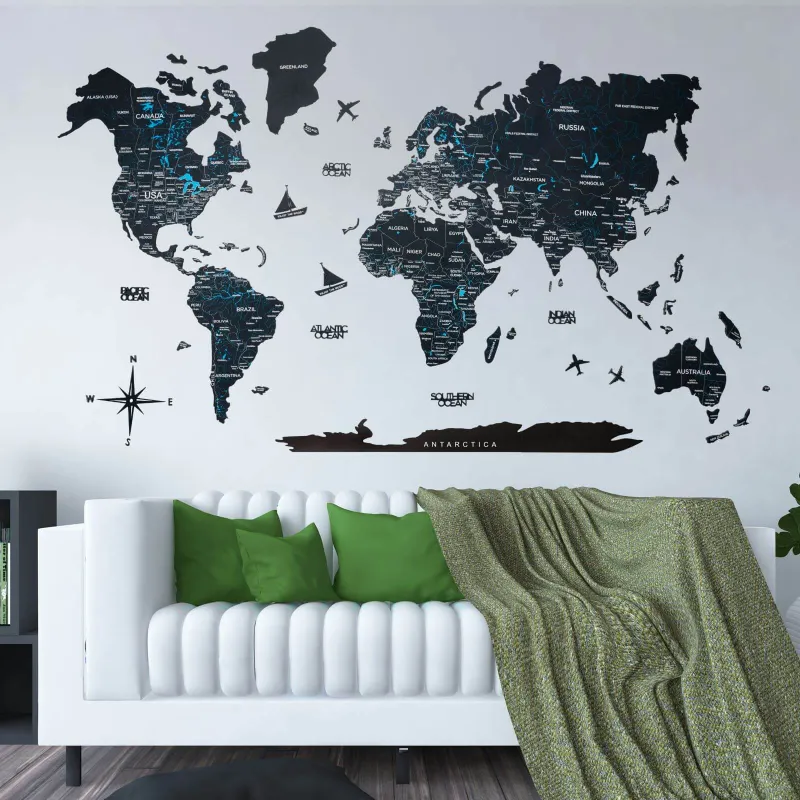 Enjoy The Wood 2D Wooden World Map Midnight in dark tones displayed as wall art