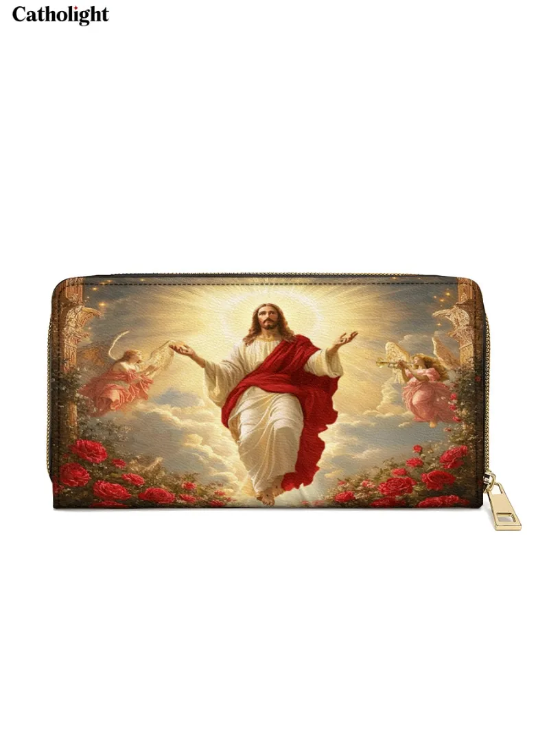 Catholight Glorious Ascension Christ Rising in Majesty Leather Wallet Purse showing Christ ascending with angels in reds and golds