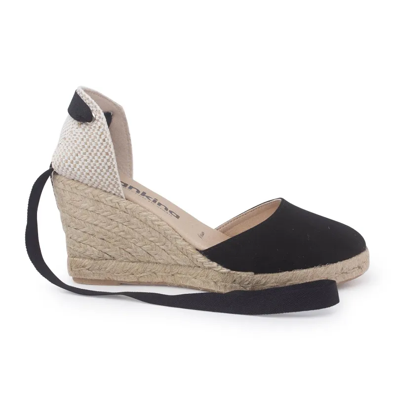 BIANKINA Galera Vegan Suede Espadrille Wedges in Black with lace-up ties
