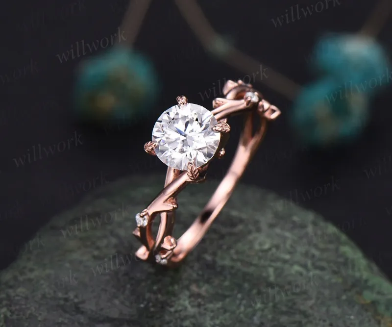 WillWork Jewelry twig moissanite engagement ring 14k rose gold leaf branch diamond