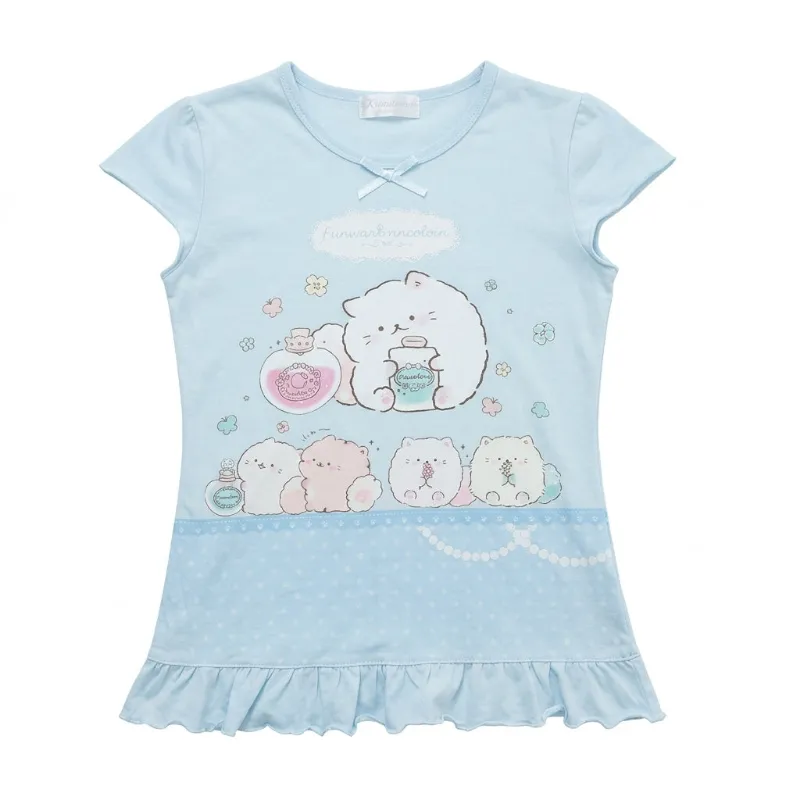 Shoptery Fairy Kei Pastel Kawaii Cat Print Ruffle Hem Short Sleeve Top with whimsical print on soft jersey